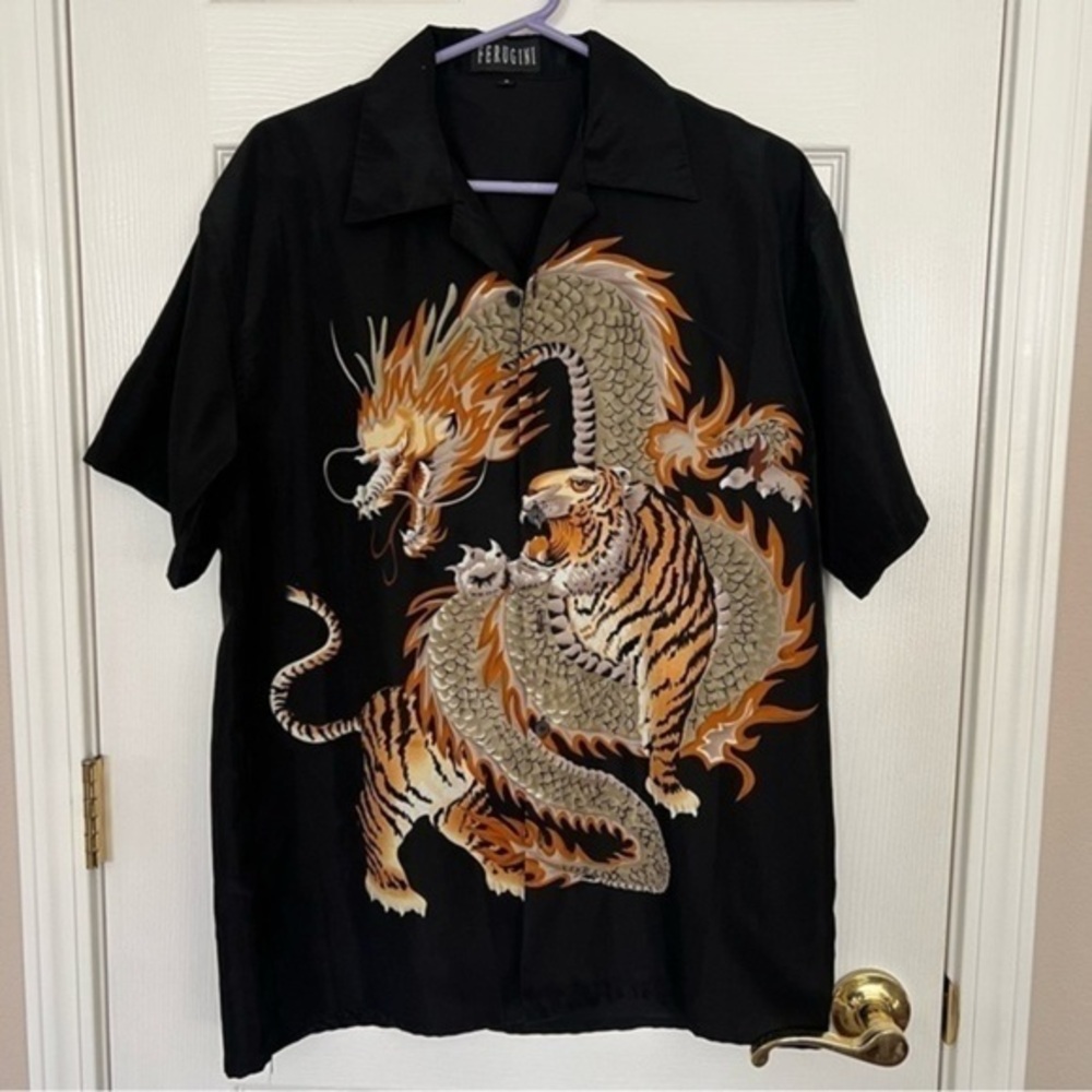 FERUGINI Retro Dragon Tiger Streetwear Graphic Print Y2K Men’s Shirt Black Small
